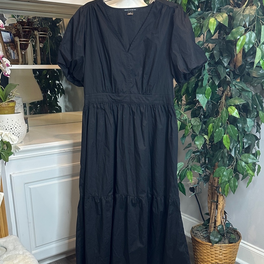 🆕NWT French Connection Puff Sleeve Tiered Black Cotton Maxi Dressx XL